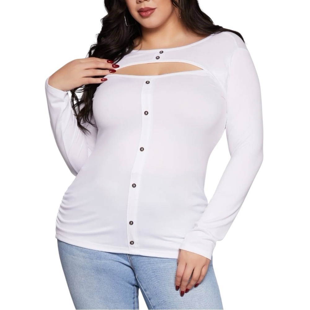 Plus Size, White Long Sleeve Fitted Cutout Button Down Shirt, Size 4X